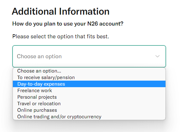 選擇 申請 N26 的主要用途