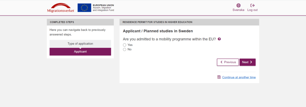 是否參加歐盟內流動計畫 (Are you admitted to a mobility programme within the EU?)