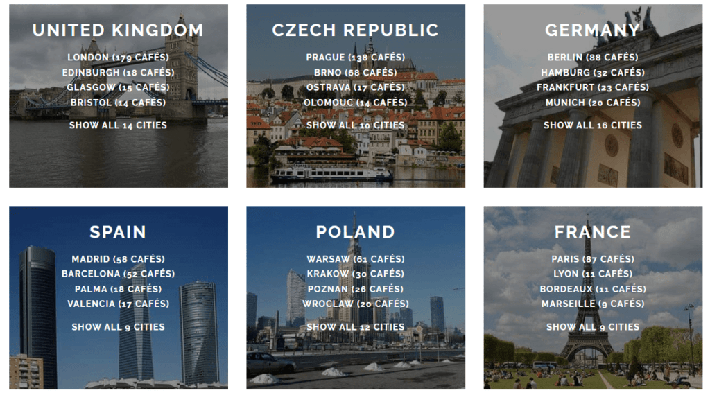 於 European Coffee Trip 輸入城市後就會跑出咖啡廳推薦。實用後筆者認證，該網站推薦的咖啡廳是真的有一定品質的 (不過有些城市的推薦較少)