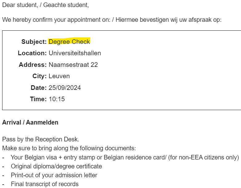 學歷審核流程 (Degree verification process)，可選擇線上進行或帶著正本文件到魯汶大學辦公室進行審核